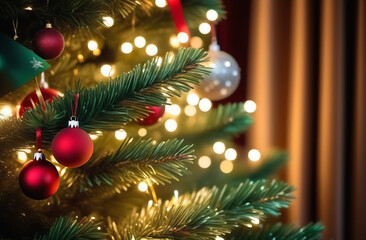 Fototapeta premium Color holiday baubles hanging on Christmas tree against blurred lights. High quality photo