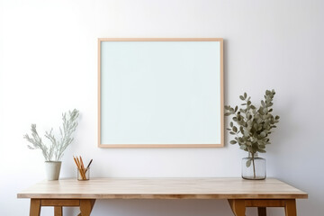 Wooden table with white framed picture on it and plant.