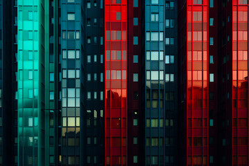 Group of tall buildings with red and blue windows on them.