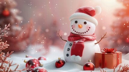Fototapeta premium Festive snowy scene with a snowman wearing a santa hat standing next to a red gift box