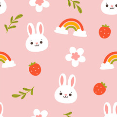 Seamless pattern with cute bunnies, rainbows, strawberries, rainbows. Vector graphics.