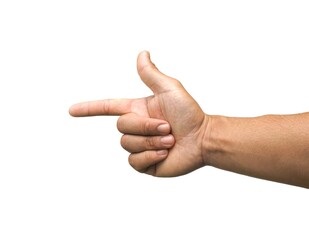 Male hand pointing finger to the side The idea of pointing at something, such as an object or text....