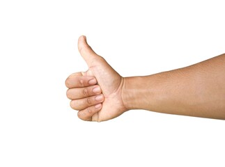 Male hand giving thumbs up isolated on white background, business concept.	
