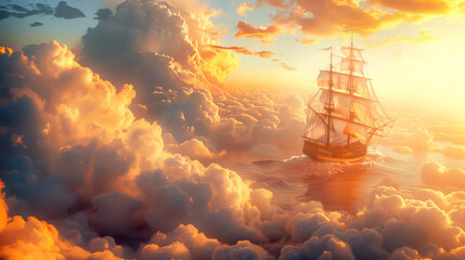 A ship sailing through a sea of clouds, its billowing sails catching the wind as it navigates the surreal skies