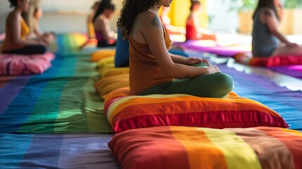 LGBTQ individuals in mindfulness session, rainbow meditation cushions, calm and serene