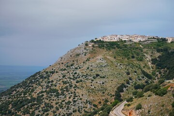 View of Rignano Garganico city on the top of the hill. Gargano, Italy, Europe. 
