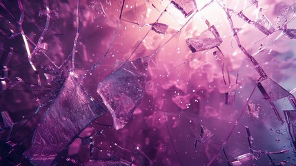 Shattered glass ceiling with purple light streaming through, casting eerie reflections and shadows