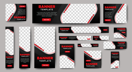 set of creative web banners of standard size with a place for photos. Gradient black. Business ad banner. Vertical, horizontal and square template.	
