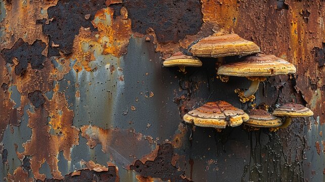 Rusty wall with mushrooms growing, detailed textures of corrosion and urban decay, gritty scene