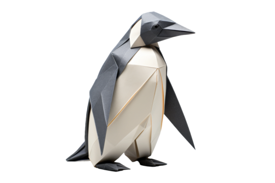 Flurry of Flaps: Elegant Origami Penguin Dances on Blank Canvas on a White or Clear Surface PNG Transparent Background.