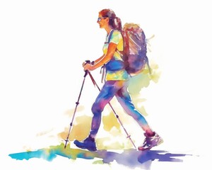 Woman practicing Nordic walking with sticks. Sport for health. Watercolor isolated illustration on white background.