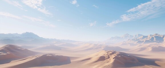 Fototapeta premium Realistic shot of a vast desert landscape with towering sand dunes stretching as far as the eye can see under clear blue skies