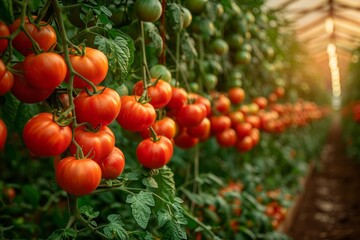 Greenhouse oasis: ripe tomatoes dangle from vibrant vines