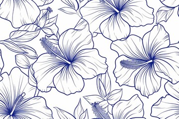 Seamless Blue Outline Hibiscus Flowers
