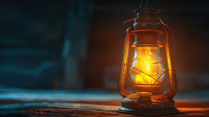 Close-up of a vintage oil lantern glowing warmly in a dimly lit rustic setting, evoking nostalgia and coziness with its soft, ambient light.