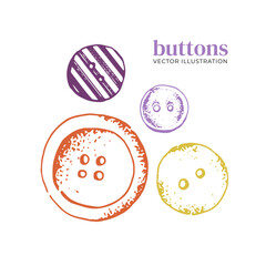 Buttons of different sizes and shapes. Accessories for clothing. Repair and tailoring to order, sewing workshop, atelier, sewing store. Vector illustration