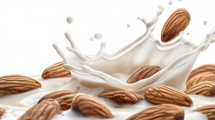 Milk splash with almonds isolated
