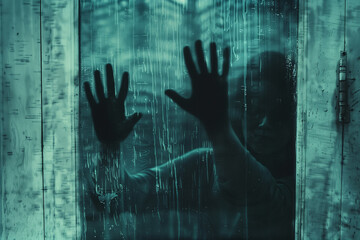 Horror girl behind the window, Halloween concept.