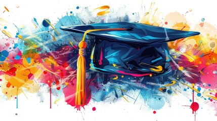 Colorful artistic representation of a graduation cap with vibrant splash background, symbolizing education and achievement.