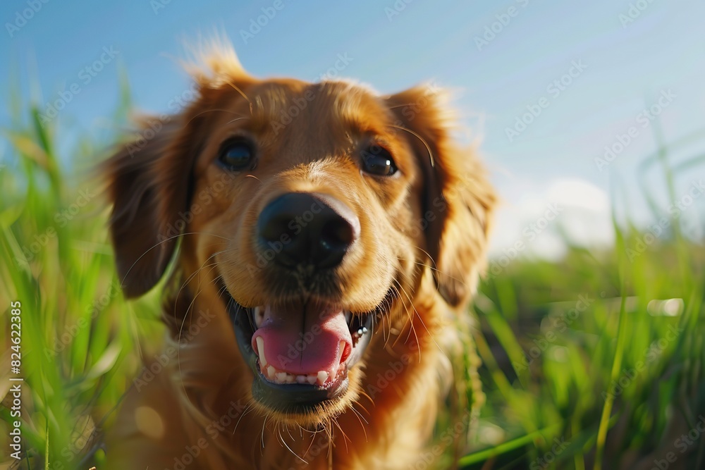 Wall mural Happy dog walking in a summer meadow among flowers. Blue sky, sun. Portrait of friendly golden Retriever in the field in grass with sunlight on background. with sunlight on background. Cheerful puppy