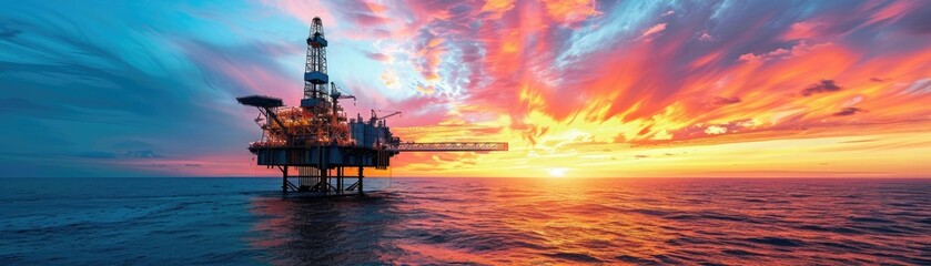 Obraz premium Dramatic sunset over an offshore oil rig platform in the ocean, with vibrant colors and dynamic clouds in the sky.