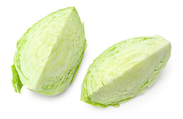 Cut of green cabbage isolated on white background. clipping path