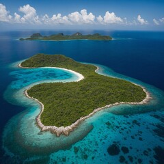 A picturesque island surrounded by clear blue waters.  