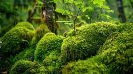 Moss on trees and plants in Pacific Northwest woodland