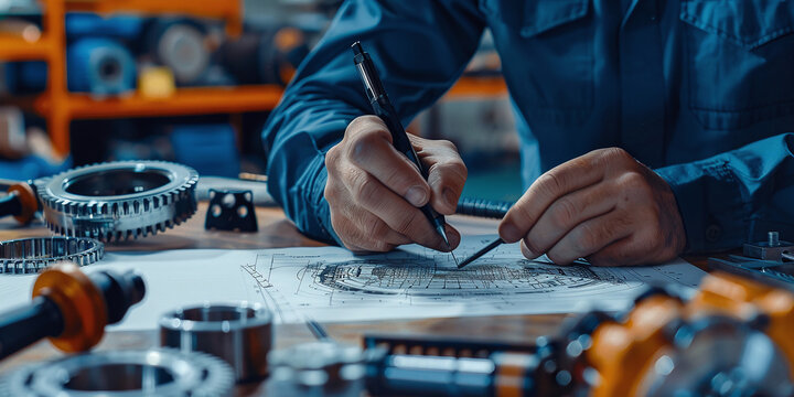 Engineer technician creating mechanical part drawings for manufacturing industry using precision tools
