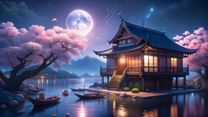 a wooden  japes house. beautiful light. a boat are here. moon is beautiful. a chareblasom tree are pink color