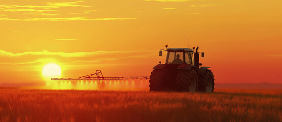 Fototapeta premium Tractor spraying acrylic paint in the style of soybean field during sunset