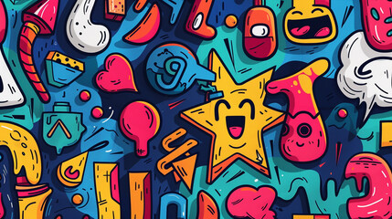 Graffiti seamless pattern with line icons collage.