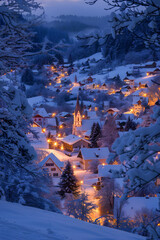 Peaceful Winter Village During Advent Season with Illuminated Church and Snowy Landscape