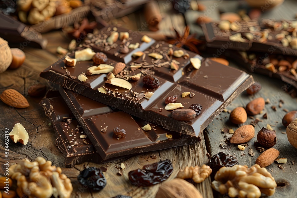 Leinwandbilder Detailed close-up of a chocolate bar filled with assorted nuts, creating a rich and appetizing texture. Generative AI