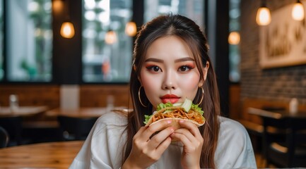Beautiful attractive asian woman model eating a taco on a restaurant