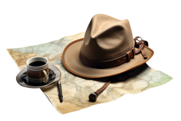 Journey of Exploration: Hat and Coffee on Map on a White or Clear Surface PNG Transparent Background.