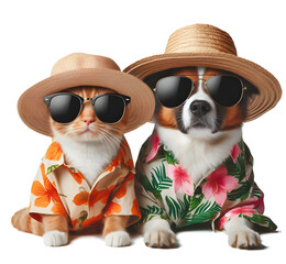 Cats and dogs wear dark glasses, straw hats, and Hawaiian shirts. Sit and look straight ahead. Isolate background