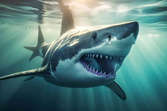Close-up white tiger shark underwater in the ocean sunlight,  AI Generative.