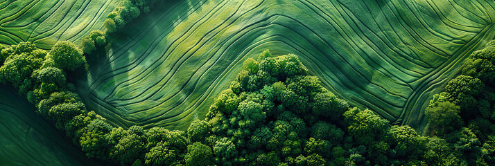bird's eye view of natural smooth lines on green fields, beautyful landscapes