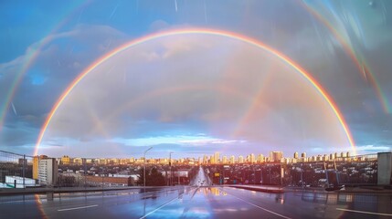 Vibrant Rainbow Over Modern Skyline: An image of a bustling modern city with a vibrant,...