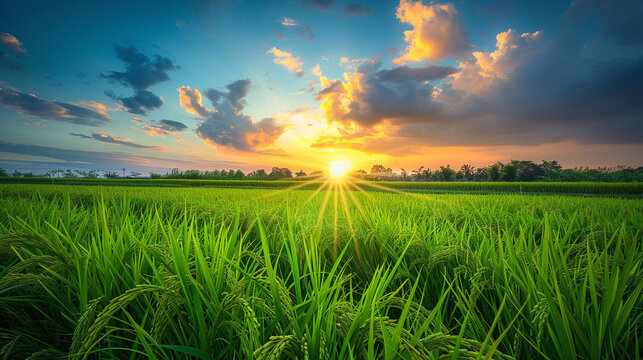 Green rice fild with evening sky.