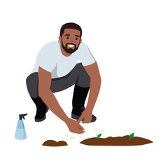 Man with shovel sitting near tree in garden. Man buries seedling in ground for planting trees. Flat vector illustration isolated on white background