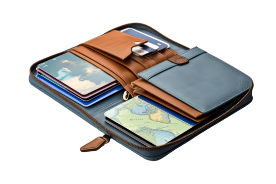 The Wanderers Essentials: A Passport, A Wallet, A Phone. on a White or Clear Surface PNG Transparent Background.