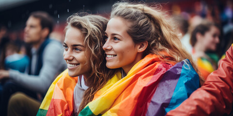 young lgbt couple happiness and love cover with rainbow flag