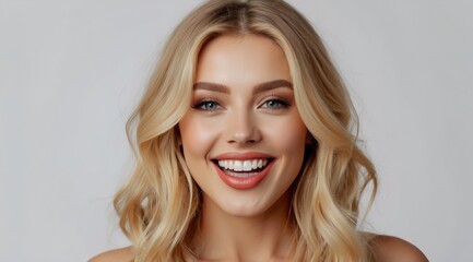 Beautiful attractive blonde woman model happy expression eating cunchy snack 