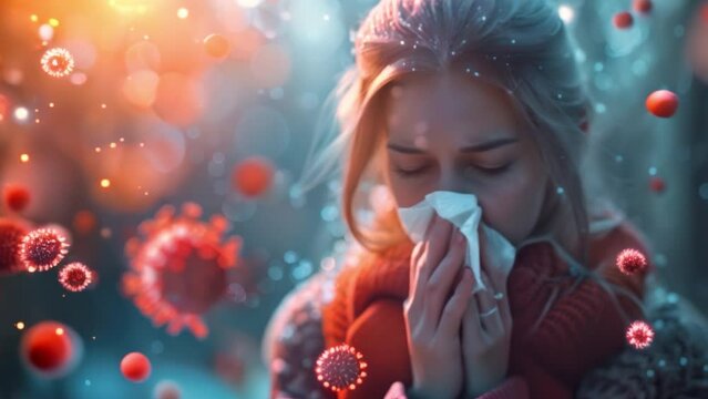 A woman sneezes into medical tissue. Surrounded by germs reflecting COVID-19 KP1