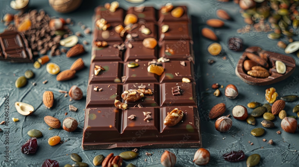 Poster rich chocolate bar adorned with crunchy nuts and dried fruits resting on a wooden table. generative 