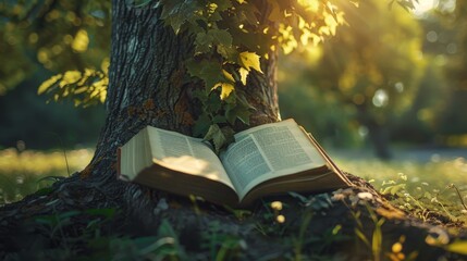 Open book resting at the base of a tree, representing the growth of knowledge, close-up with detailed leaves and bark, deep connection theme