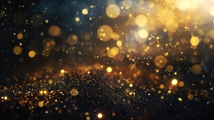 Golden glitter bokeh shiny dust particles lights abstract dark background, Golden lights bokeh defocus abstract background, Fancy gold black glitter sparkle background, glam happy birthday party 