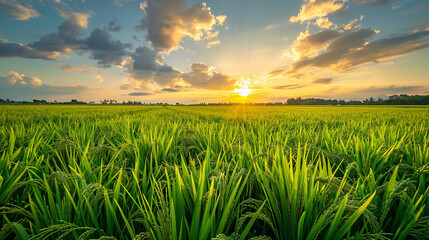 Green rice fild with evening sky.